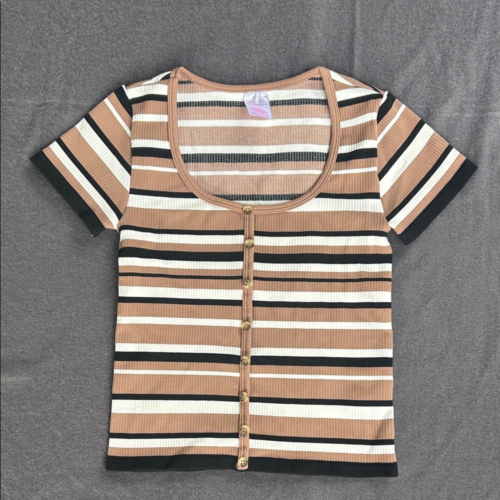 No Boundaries Short Sleeve Striped Tee - Brown, Black, White